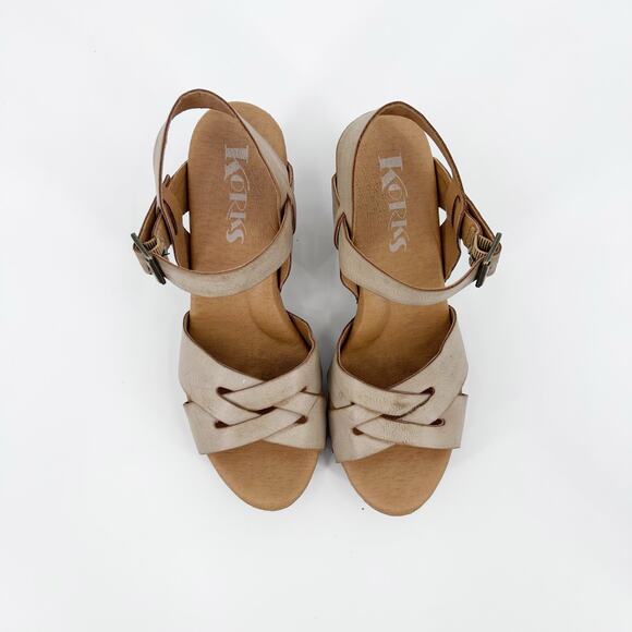 Korks Babette Platform Wedge Sandals Tan Leather Cross Strap Women’s Size 6M - Picture 8 of 11